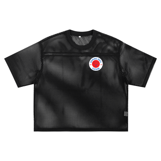 Mesh boxy t shirt with boring idea logo on front 